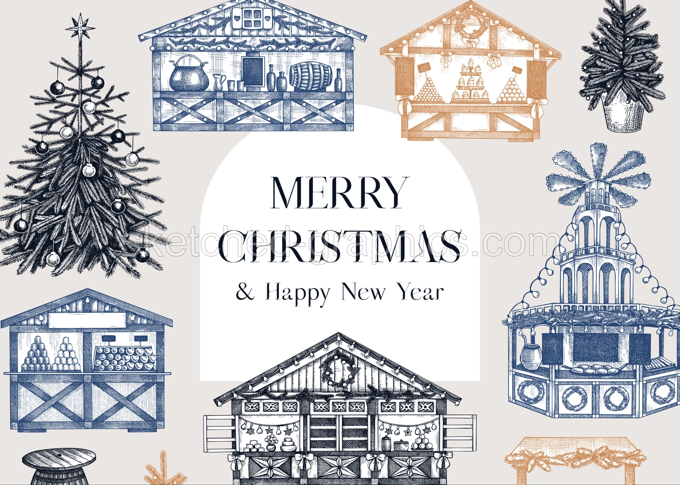 Vintage Christmas background. European Christmas market with souvenir stalls, Christmas tree, fast food, candy shops sketches. Winter holidays invitation or greeting card template. Architecture frame Illustration